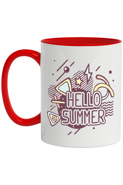 StoryGift Romania Cana Cu Mesaj In Engleza Hello Summer, Vara, Fulger, Stele, Valuri, Multicolor 3, Cu Maner Rosu
