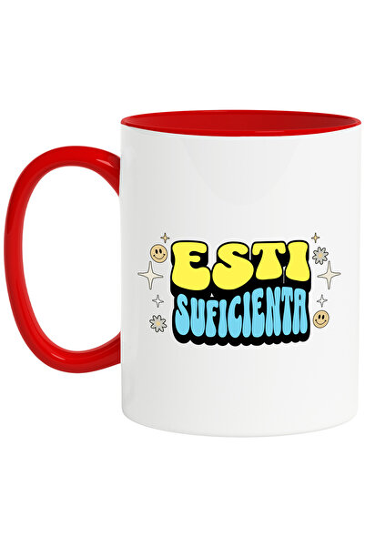 StoryGift Romania Cana Esti Suficienta, 330ml, Ceramic cu Maner Rosu, Cu Mane...