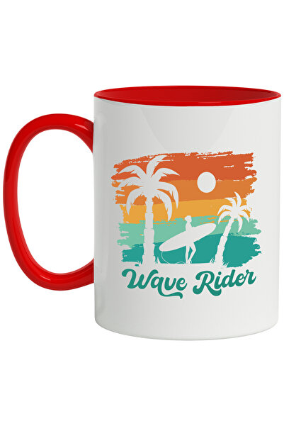 StoryGift Romania Cana Cu Mesaj In Engleza Wave Rider, Surf, Palmieri, Soare, Multicolor 330 ml, C, Cu Maner Rosu