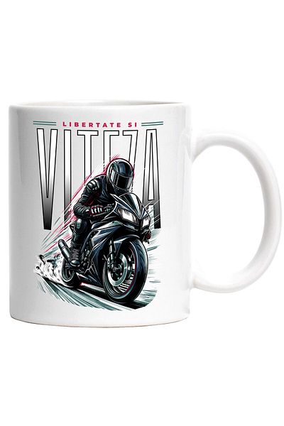 StoryGift Romania Cana cu Barbat Cu Echipament Pe Motor Viteza Adrenalina Text Libertate Si Viteza, Cu Maner Alb