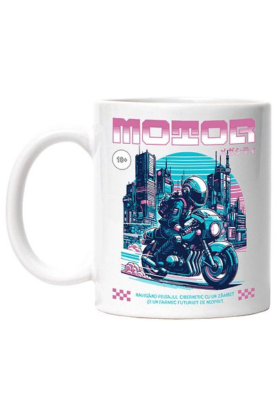 StoryGift Romania Cana cu Motociclist Cu Viteza Oras Niaptae Luminat Colorat Tokyo Japonia Motor P, Cu Maner Alb