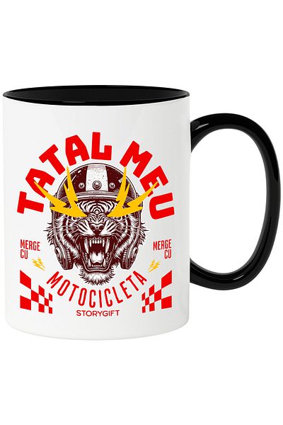 StoryGift Romania Cana cu Tigru Furios Cu Casca Protectie Colti Lungi Text Tatal Meu Merge Cu Moto, Cu Maner Negru