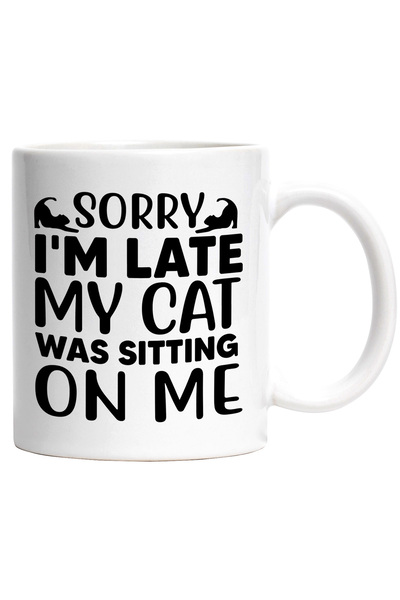 StoryGift Romania Cana pentru persoana care intarzie, pentru ca pisica a stat pe ea cu Maner Alb, Cu Maner Alb