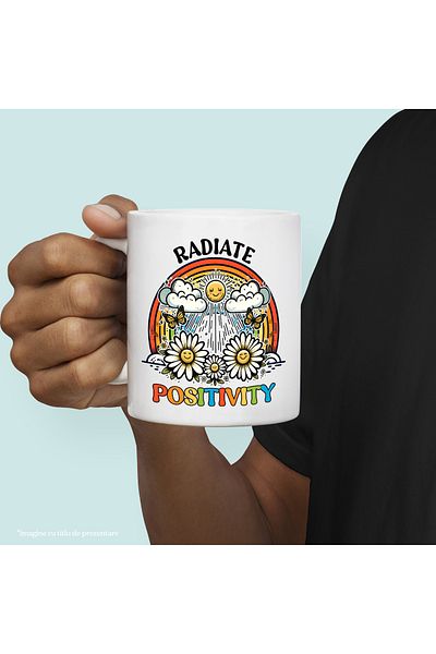 StoryGift Romania Cana cu mesajul "Radiate positivity", ilustratie, motivational, flori, soare, na, Cu Maner Alb