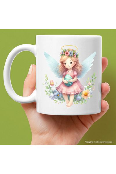 StoryGift Romania Cana cu o fetita cu aripi de zana | ilustratie | tine un ou vopsit in brate | fl, Cu Maner Alb