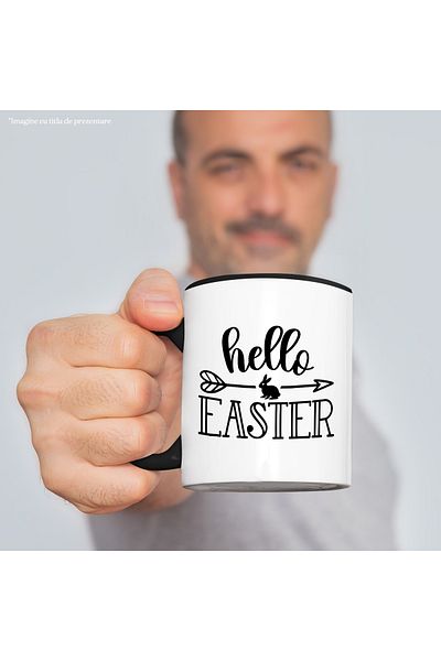 StoryGift Romania Cana cu iepuras si cu textul "Hello, Easter" - Paste sarbatoare cu Maner Negru, Cu Maner Negru