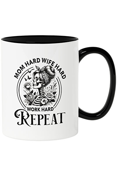 StoryGift Romania Cana cu un schelet de femeie cu mesajul "Mom Hard, Wife Hard, Work Hard, Repeat", Cu Maner Negru