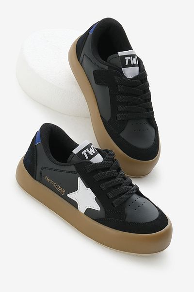 Tonny Black Children's Unisex Black White Thermo Sole Star Detailed Lace up and Velcro Sports Shoes