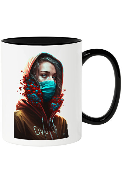 StoryGift Romania Cana cu Portret Femeie cu Masca Sanitara, Hanorac Maroniu, ...