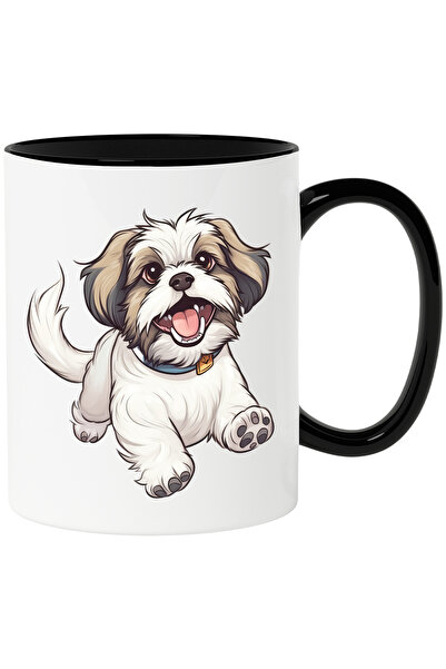 StoryGift Romania Cana cu un catelus blanos de talie mica | ilustratie | vesel | salta de bucurie , Cu Maner Negru