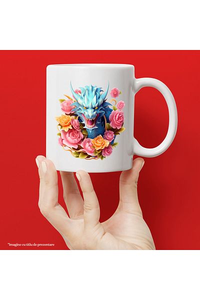 StoryGift Romania Cana cu un dragon furios, anul dragonului, China, ilustratie, floricele, roz, po, Cu Maner Alb