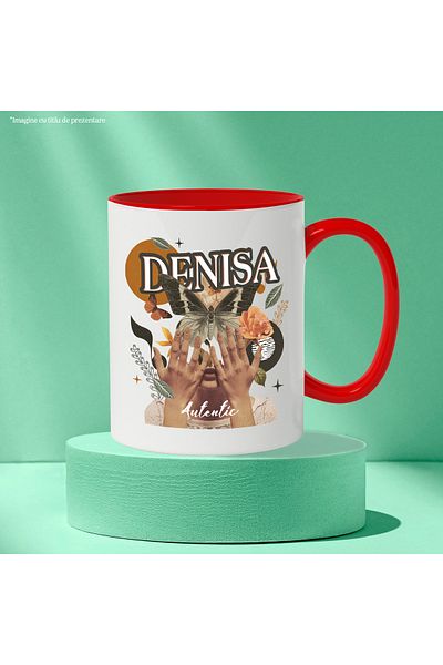 StoryGift Romania Mug With Name Denisa, Girl Collage, Butterfly, Flowers, Circle, 330ml, Ceramic with Handle, With ,STG