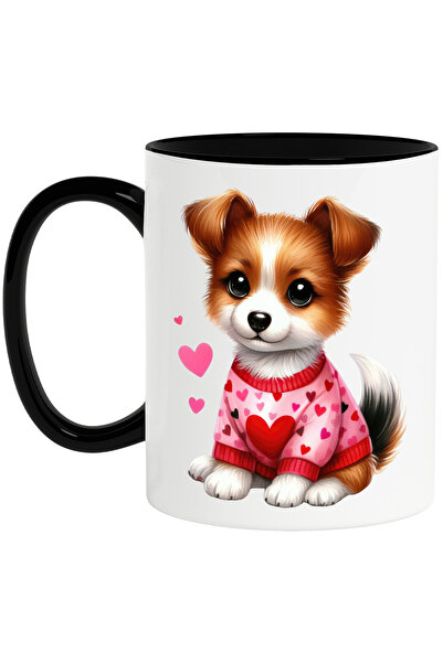 StoryGift Romania Cana cu un catelus ascultator | ilustratie | curios | cuminte | inimioare | bluz, Cu Maner Negru