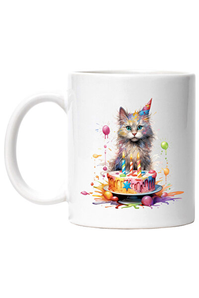 StoryGift Romania Mug with a cat, illustration, birthday, cake, burning candl...