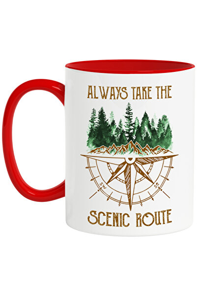 StoryGift Romania Cana cu mesajul "Always take the scenic route", calatorie, ilustratie, natura, i, Cu Maner Rosu