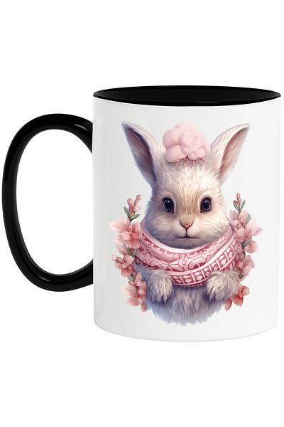 StoryGift Romania Cana cu un iepuras alb cu fular | ilustratie | frig | floricele | roz | iarna | , Cu Maner Negru