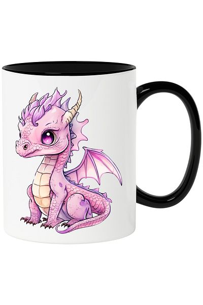 StoryGift Romania Cana cu un pui de dragon roz | ilustratie | putin trist | creatura mitica | deza, Cu Maner Negru