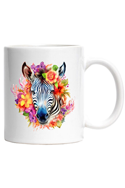 StoryGift Romania Cana cu o zebra serioasa | ilustratie | flori de diverse culori | natura | arta , Cu Maner Alb