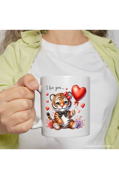 StoryGift Romania Mug with tiger cub with the message "I love you...", love, roses, hearts, , With White Handle