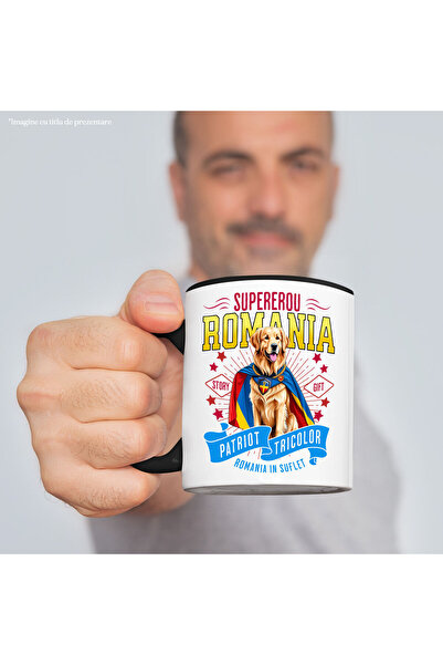 StoryGift Romania Mug with Golden Retriever Dog in Captain Romania Costume with Cape, Hero No, with Black Handle