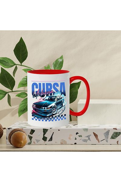StoryGift Romania Cana cursa urbana viteza masina puternica adrenalina, 330ml, Ceramic cu Maner Ro, Cu Maner Rosu