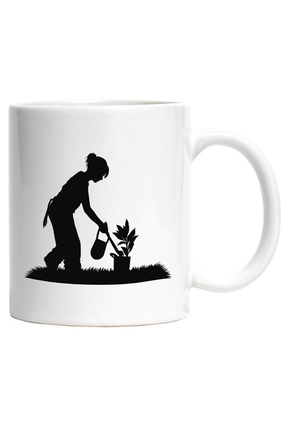 StoryGift Romania Cana cu o gospodina care are grija de o planta cu Maner Alb...