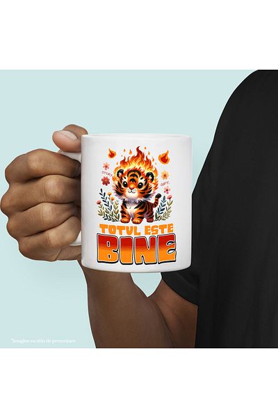 StoryGift Romania Mug with Animated Tiger Cub in Flames in Nature Colorful Flowers Ironic Text Everything Is, With White Handle