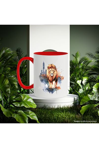 StoryGift Romania Lion Mug, Mane, City, Urban, Skyscraper, Illustration, Multicolor 330 ml, Sky, With ,STG