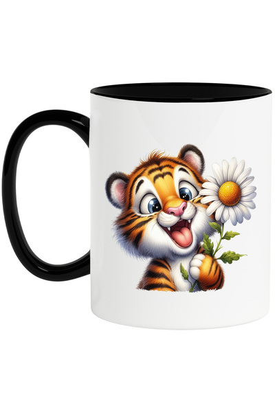 StoryGift Romania Cana cu un pui de tigru jucaus, ilustratie, tine o floare a...