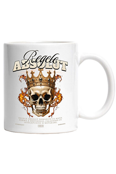 StoryGift Romania Cana Regele Absolut - Schelete cu Coroana in Flacari, 330ml, Ceramic cu Maner Al, Cu Maner Alb