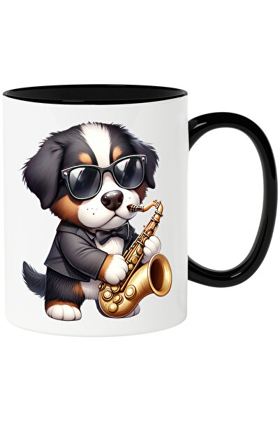 StoryGift Romania Cana cu un catelus care canta la saxofon | ilustratie | pentru iubitorii de anim, Cu Maner Negru