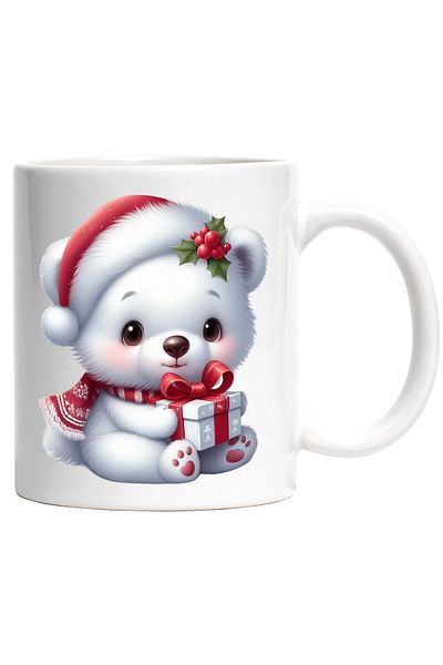 StoryGift Romania Cana cu un ursulet polar care tine un cadou in brate | ilustratie | Polul Nord |, Cu Maner Alb