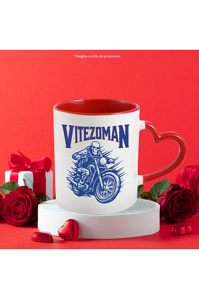 StoryGift Romania Cana vitezoman schelete pe motor viteza , 330ml, Ceramica cu Maner Inima Rosie, Cu Maner Inima Rosie