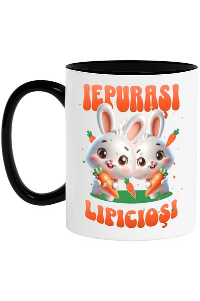 StoryGift Romania Cana Iepurasi Lipiciosi animal familie copil , 330ml, Ceramica cu Maner Negru, Cu Maner Negru