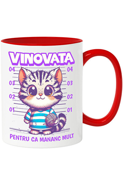 StoryGift Romania Cana cu Pisica In Dungi Cu Ghem De Lana Arestata Text Vinovata Pentru Ca mananc , Cu Maner Rosu