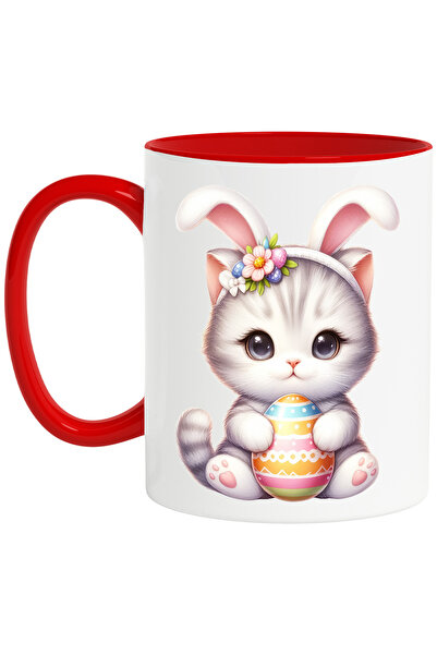 StoryGift Romania Cana cu o pisicuta dragalasa care tine un ou vopsit in brate, ilustratie, urechi, Cu Maner Rosu