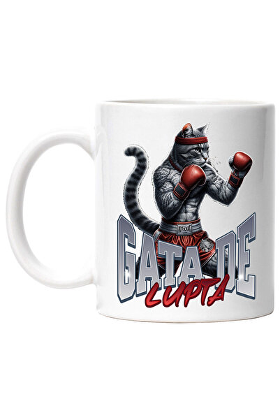 StoryGift Romania Cana cu Pisica Motan Gri Cu Manusi Si Echipament Rosu Box S...