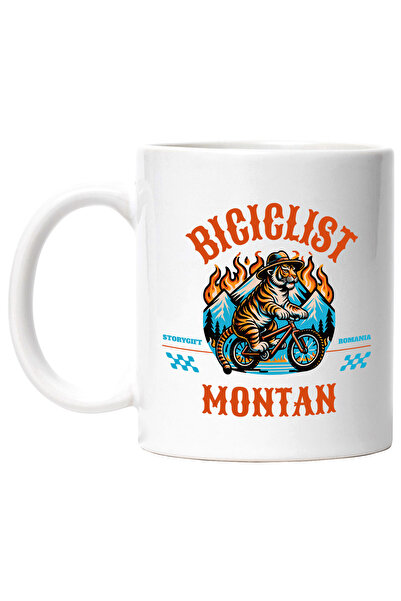 StoryGift Romania Cana tigru pe bicicleta in munte aventura, 330ml, Ceramic cu Maner Alb, Cu Maner Alb