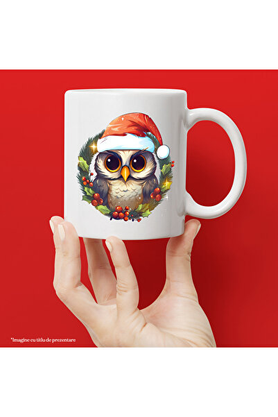 StoryGift Romania Cana cu o bufnita cu caciula de Craciun, ilustratie, sarbat...