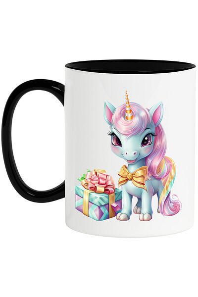 StoryGift Romania Cana cu un unicorn vesel | ilustratie | cadou | dar | aniversare | 330ml | Ceram, Cu Maner Negru