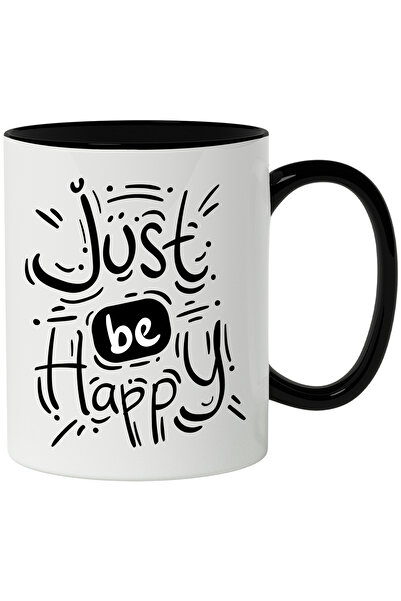 StoryGift Romania Cana Cu Mesaj In Engleza Just Be Happy, Fericire, Dungi, Puncte, Alb Negru 330 m, Cu Maner Negru