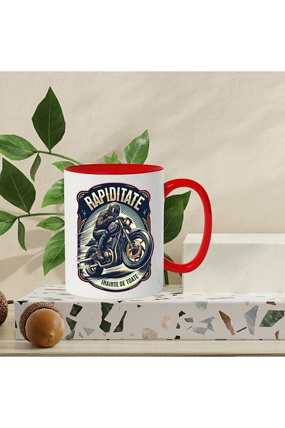 StoryGift Romania Cana rapiditate barbat pee motor viteza adrenalina, 330ml, Ceramic cu Maner Rosu, Cu Maner Rosu