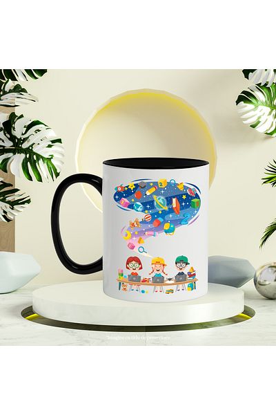 StoryGift Romania Cana Cu Copii, Spatiu, Laptop, Cuburi, Jucarii, Stele, Planete, Multicolor 330 m, Cu Maner Negru