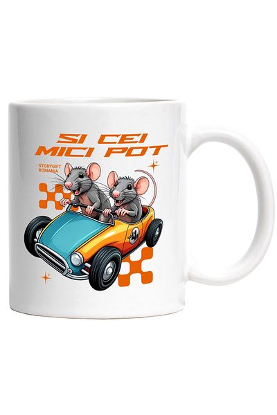 StoryGift Romania Cana cei mici pot soricei in masina de curse viteza , 330ml, Ceramic cu Maner A, Cu Maner Alb