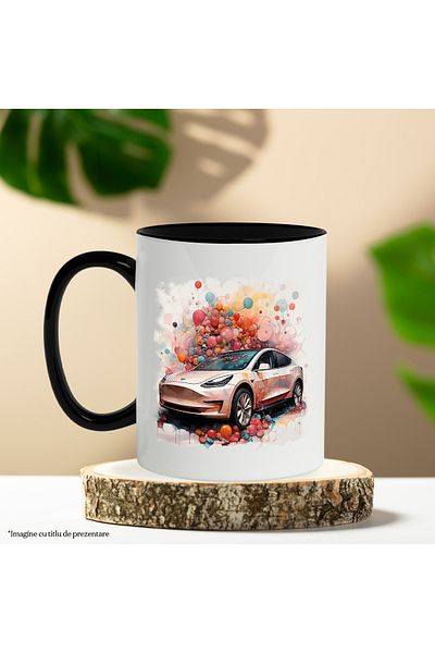 StoryGift Romania Mug With Car, Tesla, Balloons, Polka Dots, Abstract Illustration, Multicolor 330 ml,, With