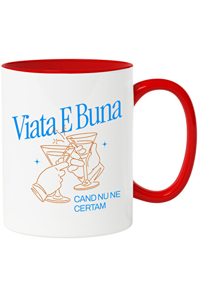 StoryGift Romania Cana cu Pahare elegante Sampanie Toast Inchinare Text Viata E buna Cand Nu Ne Ce, Cu Maner Rosu