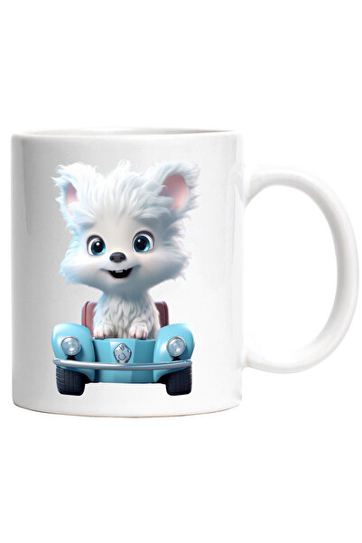 StoryGift Romania Cana cu Portret Animalut Alb si Micut, in Masina Turcoaz, A...