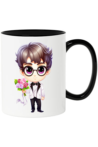 StoryGift Romania Cana cu un ginere care tine un buchet cu flori | ilustratie | pentru mireasa | o, Cu Maner Negru