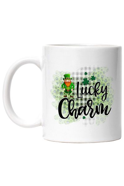StoryGift Romania Cana cu mesajul "Lucky charm", ilustratie, talisman norocos, verde, pitic, trifo, Cu Maner Alb
