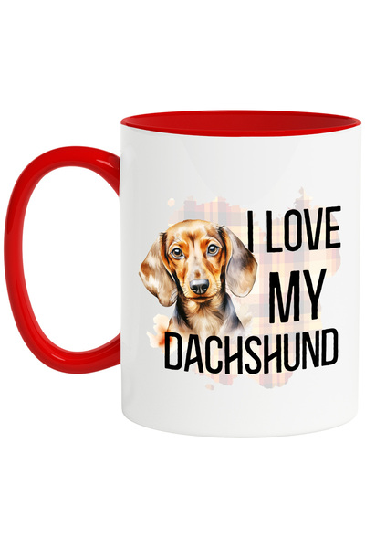 StoryGift Romania Cana cu mesajul "I love my Dachshund", caine, animal de companie, ilustratie, iu, Cu Maner Rosu